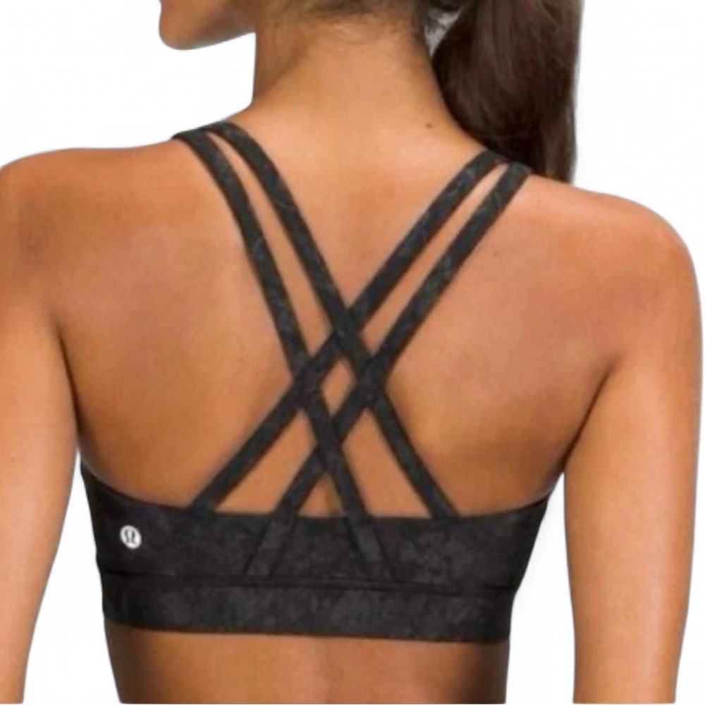 Lululemon Energy Long Line Sports Bra Black Gray Camo Strappy Back SZ 4 Run Gym